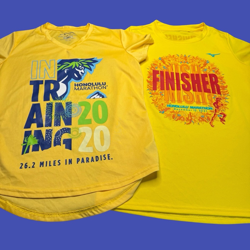Lot of 2 Honolulu Marathon T Shirt 2020 2021 Yellow Finisher Running Mizuno
